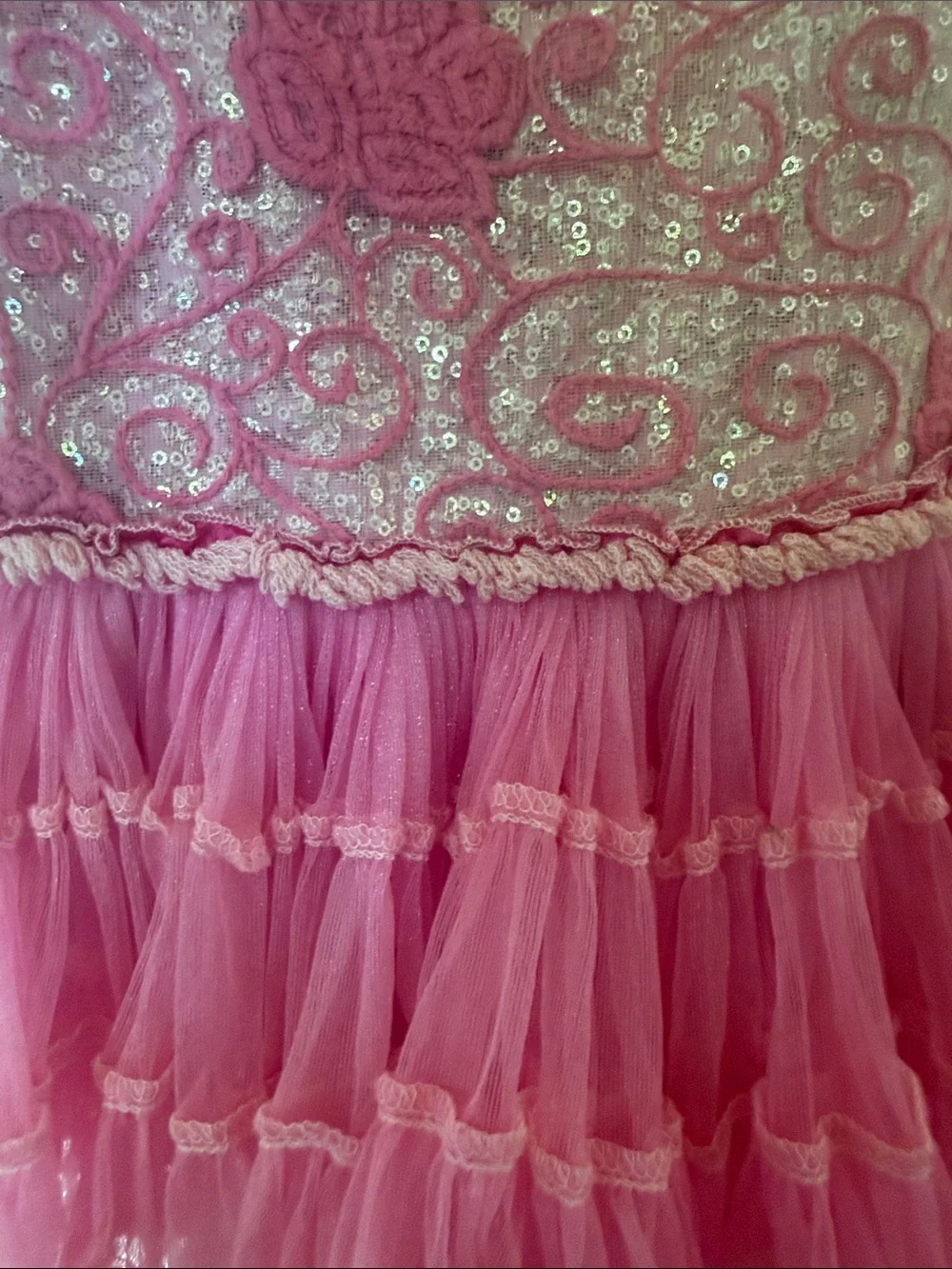 Girls Pink Sequin Lace Tank Dance Dress with Ruffled Tulle Skirt